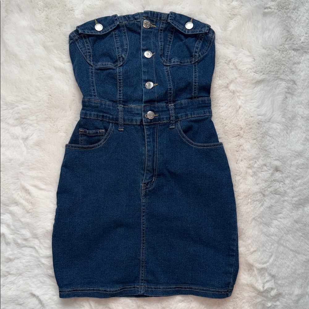 SHEIN Dark Blue Strapless Denim Dress